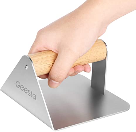 Geesta Grill Press Steak Weight – Burger Smasher with Wood Handle – Heavy Duty Stainless Steel – No Rust, Easy to Maintain Than Iron – 5.5” Bacon Presser Spatula for Professional and Home Cooking