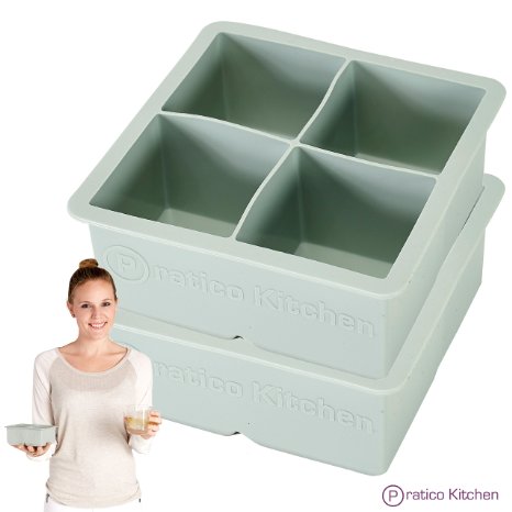 Large Ice Cube Mold - Makes 4 Jumbo 225 Inch Big Ice Cubes - Prevent Diluting Your Scotch Whiskey and Cocktails - Keep Drinks Chilled with Praticube Large Ice Cube Trays - 2 Pack