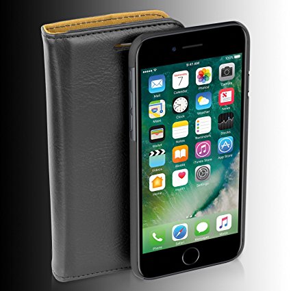 GOLEMGUARD iPhone 7 Plus PU Leather Wallet Case   Detachable Removable Magnetic Soft Rubberized Shell Cover KickStand & Ready to use with Magnetic Car Mount - Charcoal Black 1PK