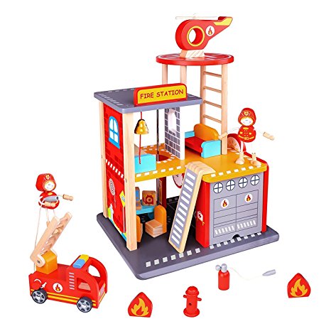 Fire Station Toy For Boys & Girls – Fire House Toy Story Box Playset - Wooden Toys For Toddlers & Kids – Station, Firetruck, Firemen & Accessories