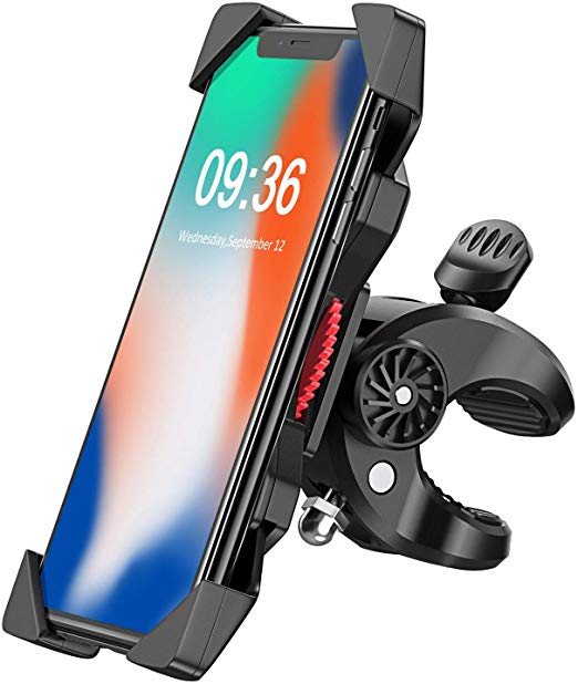 Bovon Bike Phone Mount, Stable Four Clamps Adjustable Motorcycle Phone Mount Bicycle Bike Phone Holder for iPhone XR/X/XS MAX/8/7 Plus, Samsung Galaxy S10/S10 e/S10 Plus/S9 Plus/Note 10/Note 9