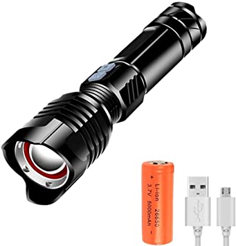 LED Torch Rechargeable Super Bright 10000 Lumens Powerful Torch Tactical Flashlight, 5 Modes Adjustable Focus Waterproof Handheld Torch with 26650 Battery for Camping, Hiking, Emergency