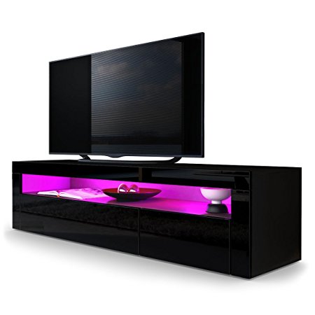 TV Stand Unit Valencia, Carcass in Black matt / Front in Black High Gloss with a frame in Black High Gloss