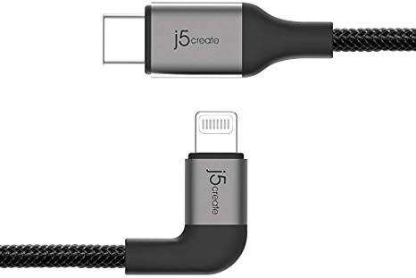 USB C to Lightning Cable - by j5create | 4ft iPhone Charger USB Type C Right Angle Plug Braided Cord | MFI Certified Power Delivery Fast Charge Works with Apple iPhone XR, XS, XS Max, X, 8 (Black)