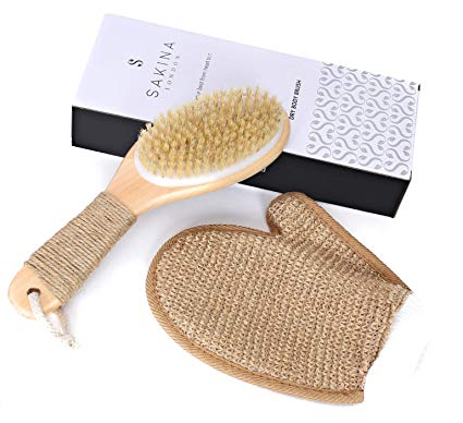 Dry Brushing Body Brush Set by Sakina London | Natural Bristle Lymphatic Brush with BONUS Bamboo Exfoliating Glove | Pre- Shower & Bath Brush Exfoliator | Get Smoother, More Radiant Skin Today!