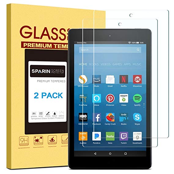 [2 Pack] Fire HD 8 Screen Protector, SPARIN [Tempered Glass] [HD Clear] [Scratch Resistant] Screen Protector for Fire HD 8"(2017 Release) & All-New Fire HD 8 Kids Edition Tablet