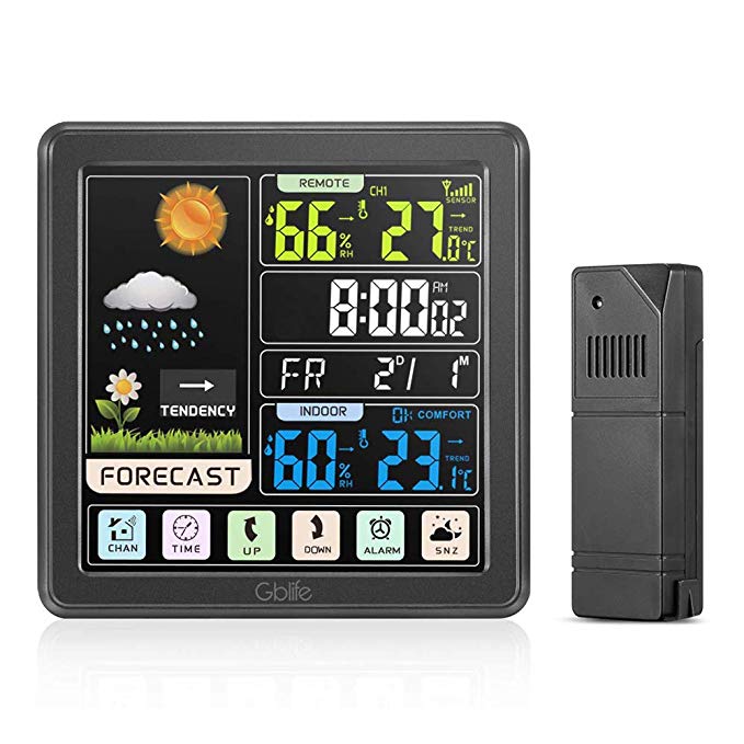 Weather Stations, GBlife Indoor Outdoor Thermometer, Temperature and Humidity Monitor with Remote Sensor, Coloful Display,Touch Screen Control, USB Port
