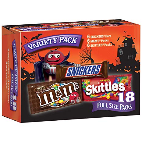 Snickers, M&M'S & Skittles Halloween Chocolate Candy, Full Size, Variety Mix, 18 Count 34.32-Ounce Box