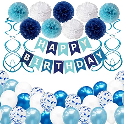 Birthday Decorations Boy, Blue Birthday Party Decorations Pack for Girls Women Men Happy Birthday Banner Balloon With Tissue Paper and Confetti Balloons for 1st 13th 16th 18th 21th 30th Party Kit