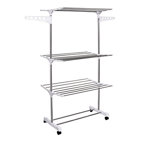FDegage 3-Tier Heavy Duty Folding Clothes Drying Racks Compact Stainless Steel Laundry Drying Shelf With Four Wheels