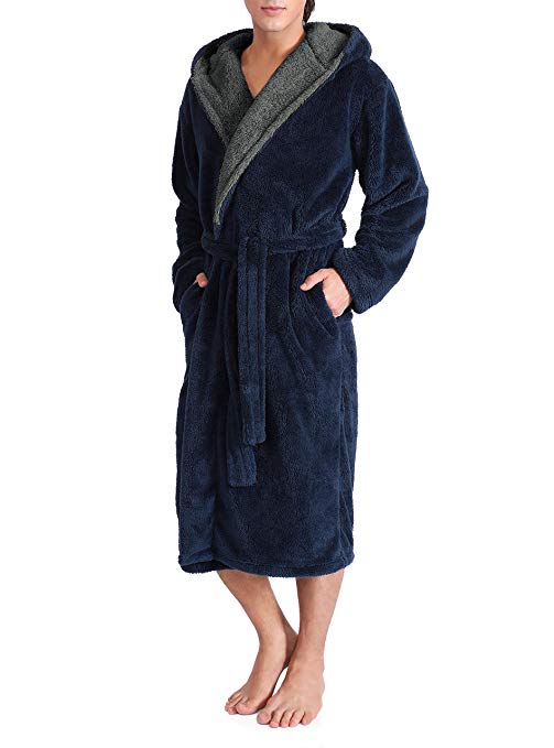 David Archy Men's Hooded Fleece Plush Soft Shu Velveteen Robe Full Length Long Bathrobe