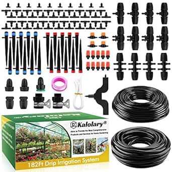 182FT Automatic Drip Irrigation Kit, Kalolary Garden Irrigation System with 4/7 8/12 Distribution Tube Micro Watering System Drip Irrigation Equipment for Greenhouse Plant Patio Lawn Yard (1/4” 5/16”)