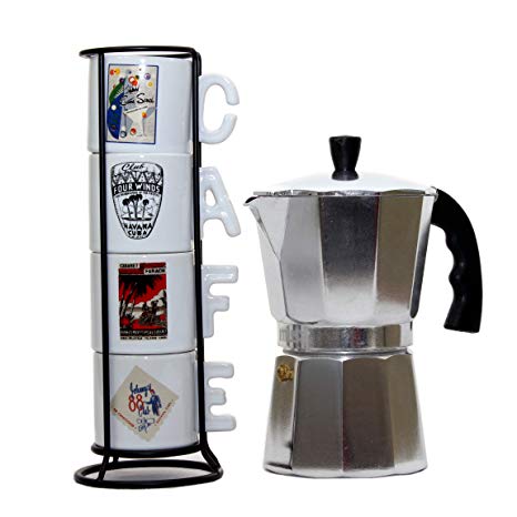 Imusa Classic Aluminum Stovetop Espresso Coffee Maker/Moka Pot 6-cups. Bundled with a White Coffee Mugs Set of 4 Printed with the most Famous Cuban Night Clubs and Black Rack.