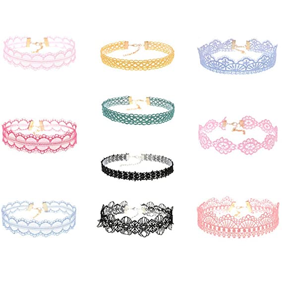 10Pcs Womens Choker Necklaces Assorted Color Lace Charm Stretch Gothic Tattoo Chokers Necklace Set for Women Girls Ladies