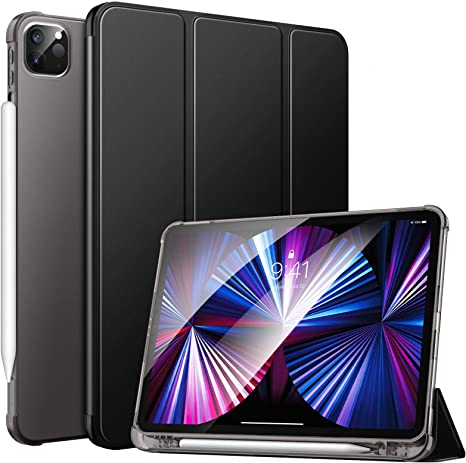 MoKo Case Fit New iPad Pro 11 Inch Case 2021 - iPad Pro 11 3rd Gen Case with Pencil Holder, [Support iPencil Charging] Soft TPU Smart Trifold Shell Cover Translucent Back, Auto Wake/Sleep, Black