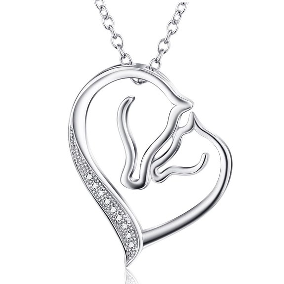 YFN S925 Sterling Silver Mother and Child Horse Head Heart Shape Pendant Necklace 18quot