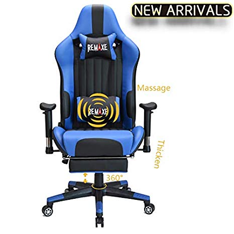 Large Size Computer Gaming Chair Ergomonic Racing Chair with Retractable Footrest,Execultive PU Leather Headrest Lumbar Massager Cushion Ergonomic Swivel PC Chair for Home (Black&Blue)