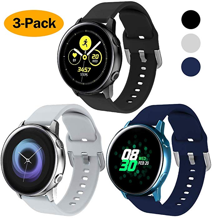NANW 3-Pack Compatible with Samsung Galaxy Watch Active Bands/Active 2 Bands, Galaxy Watch 42mm Bands/Gear Sport Bands, 20mm Soft Waterproof Silicone Sport Watch Strap Replacement Wristbands