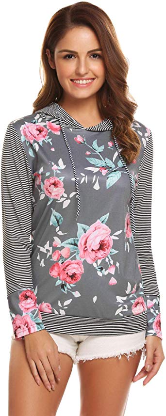 Sexyfree Women's Casual Floral Print Striped Long Sleeve Drawstring Hoodie Pullover Sweatshirt with Pockets S-XXL