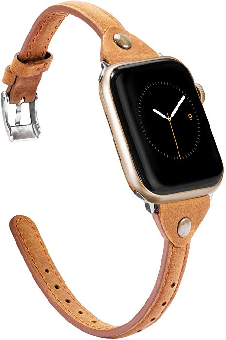 Wearlizer Light Scrub Brown Thin Leather Compatible with Apple Watch Bands 38mm 40mm for iWatch Womens Mens Narrow Strap with Rivet Slim Stylish Wristband (Silver Clasp) Series 5 4 3 2 1 Sport