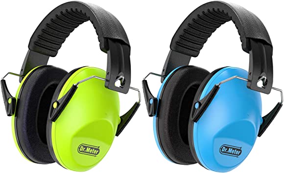 Dr.meter Ear Muffs for Noise Reduction EM100 27NRR Noise Cancelling Headphones for Kids with Adjustable Headband - 2 Packs Kids Ear Protection for Mowing, Studying and Sleeping, Green & Blue