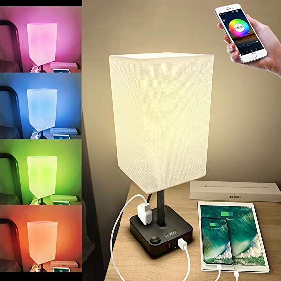 COZOO Smart RGB & USB Bedside Table Lamp with 3 USB Charging Ports and 2 Outlets Power Strip, LED Light Bulb Dimmable, Music Sync RGB Color Changing Light for Party Home/Bedroom/Nightstand/Living Room