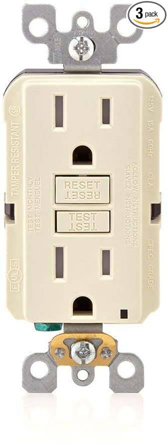 Leviton GFTR1-3T SmarTest Self-Test SmartlockPro Slim GFCI Tamper-Resistant Receptacle with LED Indicator, 15-Amp, 3-Pack, Light Almond (Renewed)