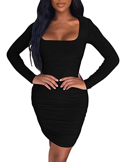 Kaximil Women's Sexy Bodycon Ruched Mini Club Dress Long Sleeve Basic Casual Dresses