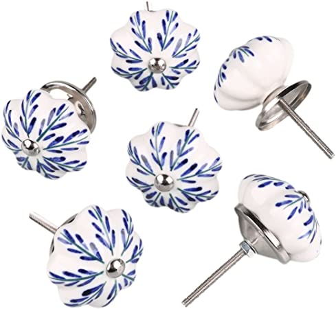 uxcell 6 Pieces Vintage Shabby Knobs White and Blue Floral Hand Painted Ceramic Pumpkin Cupboard Wardrobe Cabinet Drawer Door Handles Pulls Knob, Pachira Macrocarpa