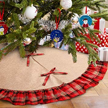MeeQee 48 Inches Christmas Tree Skirt, Line Burlap Tree Skirt Plaid Ruffle Edge Border Large Round for Holiday Christmas Party Decorations, Line Burlap