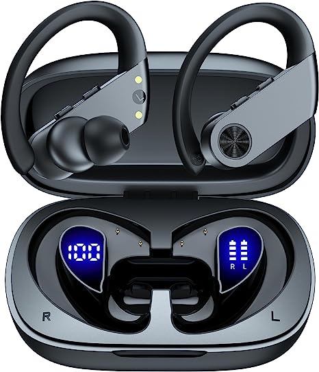 Bluetooth Headphones Wireless Earbuds 110H Playtime with 2200mAh Charging Case Dual LED Display Ear Buds Waterproof Over Ear Earphones with Earhooks for Sport Workout Laptop TV Computer Phone Black