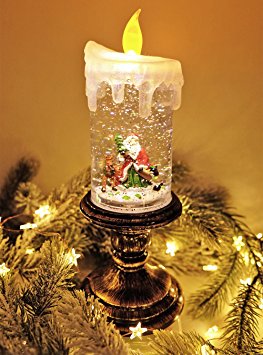 Eldnacele Battery Operated Table-Top Snow Globe Glitter Lamp Christmas Decor Lighted Candle with Candle Holder Snowman Festival Sparking Water Snow Glitter Flameless Candle Santa Claus