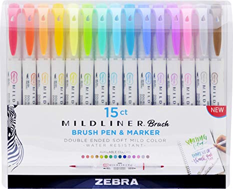 Zebra Pen Mildliner Double Ended Brush and Fine Tip Pen, Assorted Colors, 15-Count