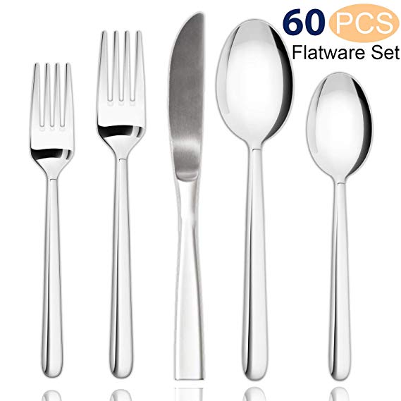 60- Piece Flatware Cutlery Set, 18/0 Stainless Steel, Silverware Set for 12 Includes Dinner Knife/Fork/Spoon, Teaspoon and Salad Fork, Vibro Finish.