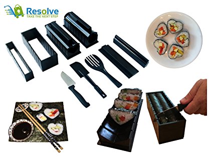 DIY Sushi Making Kit (10 Pieces) by Resolve | At Home Japanese Sushi Roll Maker Set for Beginners | 5 Unique Mold Shapes with Convenient Cutting Guide, Spatula and Rice Fork | Impressive Gift | White