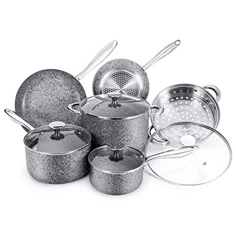 MICHELANGELO Granite Cookware Set 10 Piece, Ultra Nonstick Pots and Pans Set with Stone-Derived Coating, Stone Cookware Set Nonstick, Include 8Qt Stock Pot & Steamer Insert - 10 Piece