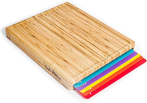 Easy-to-Clean Large Bamboo Wood Cutting Board Set with 6 Color-Coded Flexible Cutting Mats with Food Icons - Chopping Boards Set