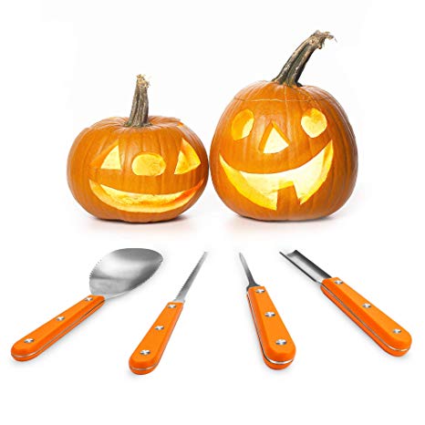 Halloween Pumpkin Carving Kit, Heavy Duty Stainless Steel Pumpkin Tools with 10 kinds of Halloween Expression Stencils for Halloween Decoration, Easily DIY Halloween Pumpkin Jack-O-Lantern(4 Pieces)