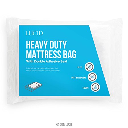 LUCID Heavy Duty 3 mil Mattress Bag with Double Adhesive Closure - Sealable Cover for Moving and Storage - Queen