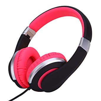 RockPapa Foldable Adjustable Stereo Portable Wired Headphones with In-Line Microphone, Over Ear Kids Childrens Adults Headsets for CD DVD MP3/4 Player Surface Tablets iPad iPod iPhone (Black/Pink)