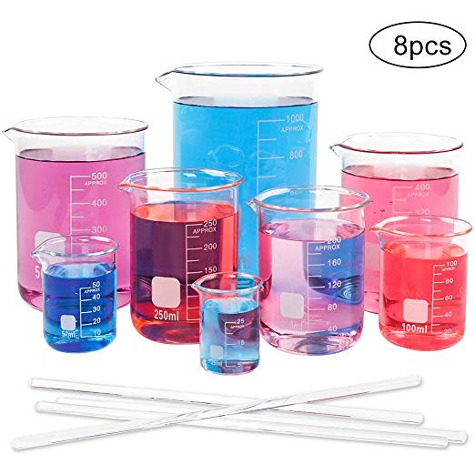 SUPERLELE 8pcs Glass Graduated Beaker Set 25/50/100/200/250/400/500/1000ml, Multiple Capacity Borosilicate Glass, Low Form Griffin Thick Wall Type Measuring Beakers with 4 Stirring Rods