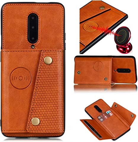 OnePlus 7 Pro Case, Ranyi Wallet Cover with Credit Card Holder Slots Kickstand [Fits Magnetic Car Mount] PU Leather Double Buckle Wallet Purse Protective Case for OnePlus 7 Pro (2019), Brown