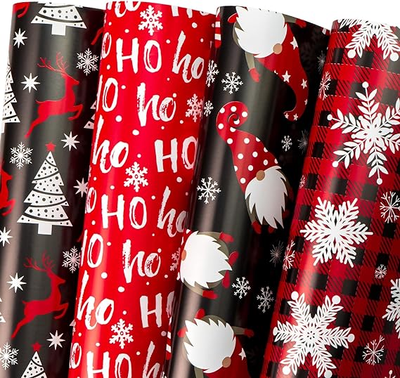 WRAPAHOLIC Christmas Wrapping Paper Sheet - 12 Sheets Red and Black Chrismas Gnome Design Folded Flat with 12 Gift Tags for Holiday, Party Celebration - 19.7 Inch X 27.5 Inch Per Sheet