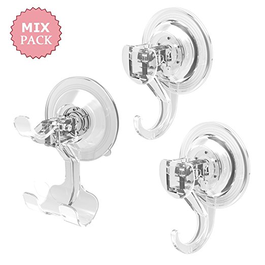 LUXEAR Suction Hooks, Clear Plastic Vacuum Suction Cup Hooks Sucker Hook Holder, Ultra Heavy Duty, Smooth Wall Shower Kitchen Window Bathroom Bag Hanger Towels Caps Holder(3 Mix Pack)