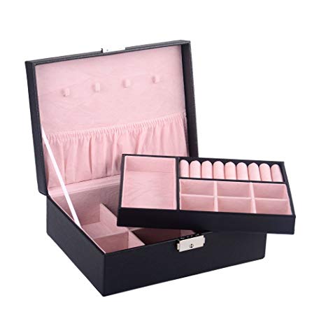 Kendal 2 Trays Black Leather Jewelry Box Case Storage Organizer with Lock LJT004BK