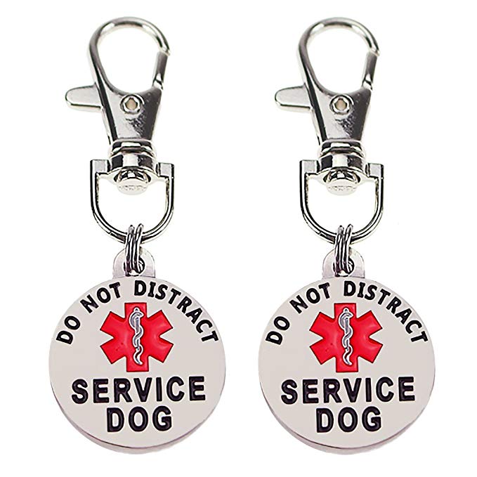 sticro Double Sided 2 Pack Small Breed Service Dog Tag | Red Medical Alert Symbol | 1" with Metal Lobster Clamp