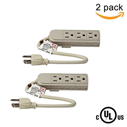 (Two Pack) Uninex 3 Outlet Power Strip Grounded 1Ft 12-inch UL Listed US Plug AC Wall Power Cord