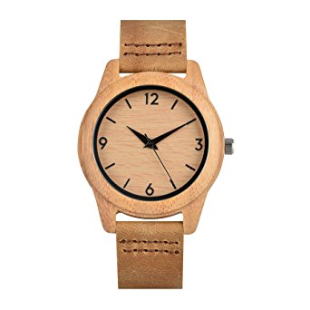 ZHHA Women's Natural Bamboo Wood Watch Genuine Calf Leather Strap Quartz Watches