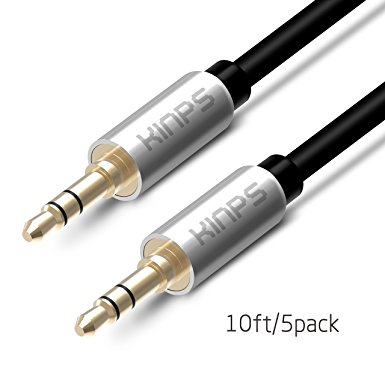 Audio Cable, Kinps Gold-Plated Step Down Design Tangle-Free Stereo Male to Male 3.5mm Aux Cord for Apple, Android Smartphone, Tablet, MP3 Player and More 3.5mm-enabled Devices (10FT-Black-5Pack)