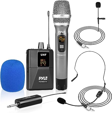 Pyle UHF Wireless Microphone System Kit - Portable Professional Cordless Microphone Set Wireless Mic - Headset, Lavalier, Beltpack Transmitter, Receiver - Karaoke, Conference PDWMU114, Black